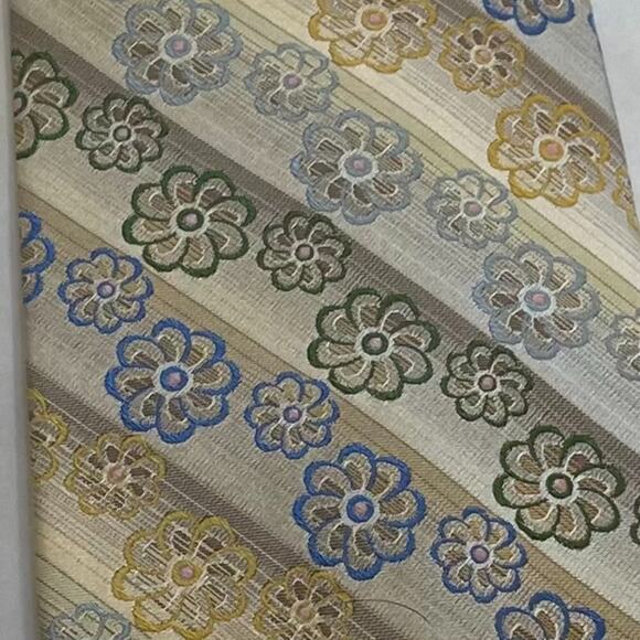 Emilio Ponti Roma Milano Mens Silk Striped Floral Tie, Gold Blue Green Tan, 61" - Picture 8 of 9
